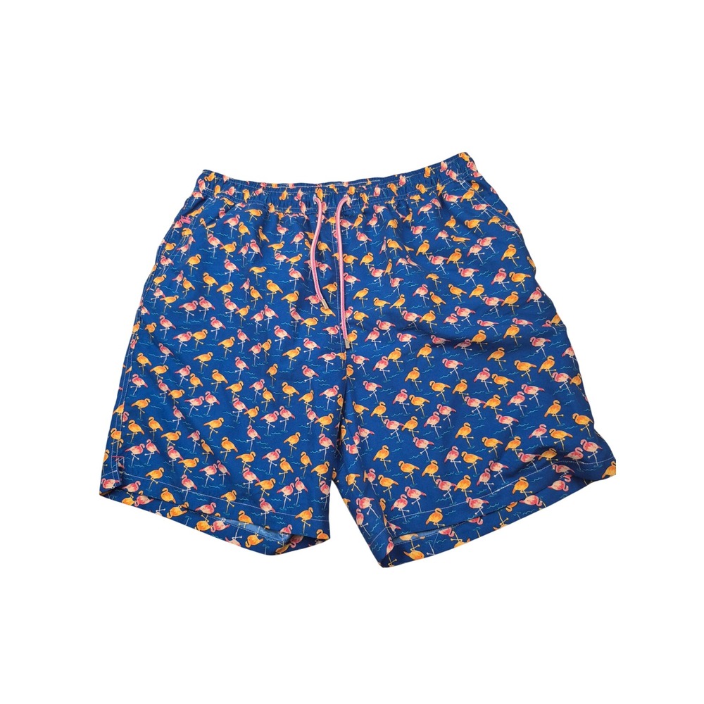 Peter Millar Mens Blue Flamingo Swim Trunks Board Shorts Pink Drawstring Sz XL